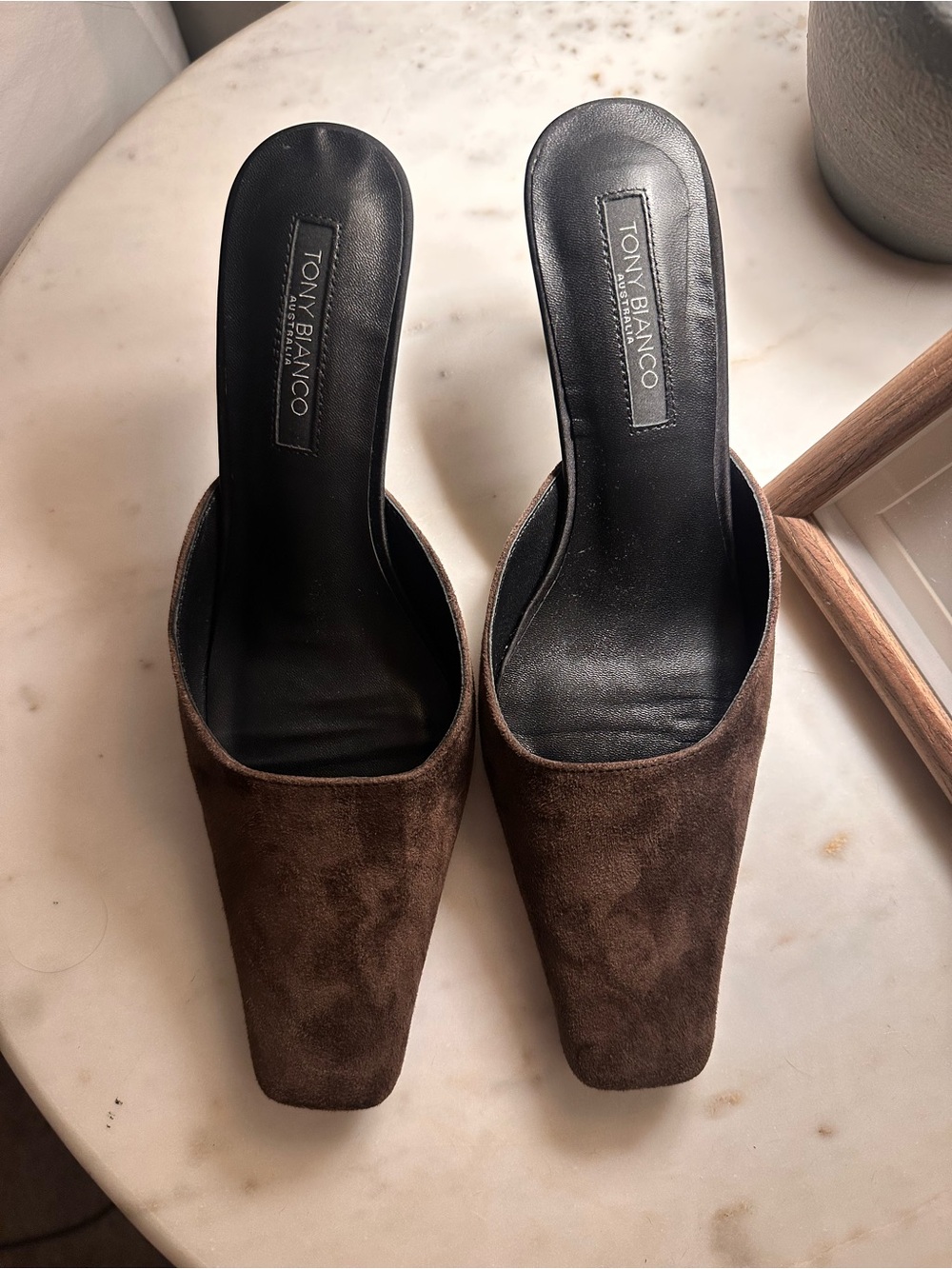 Jasmine Brown Suede Square-Toe Mule Heels